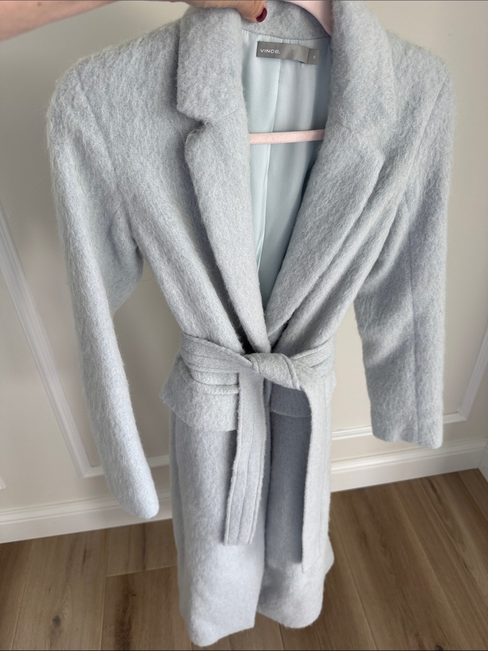 Vince Pale Gray Plush Belted Robe Coat